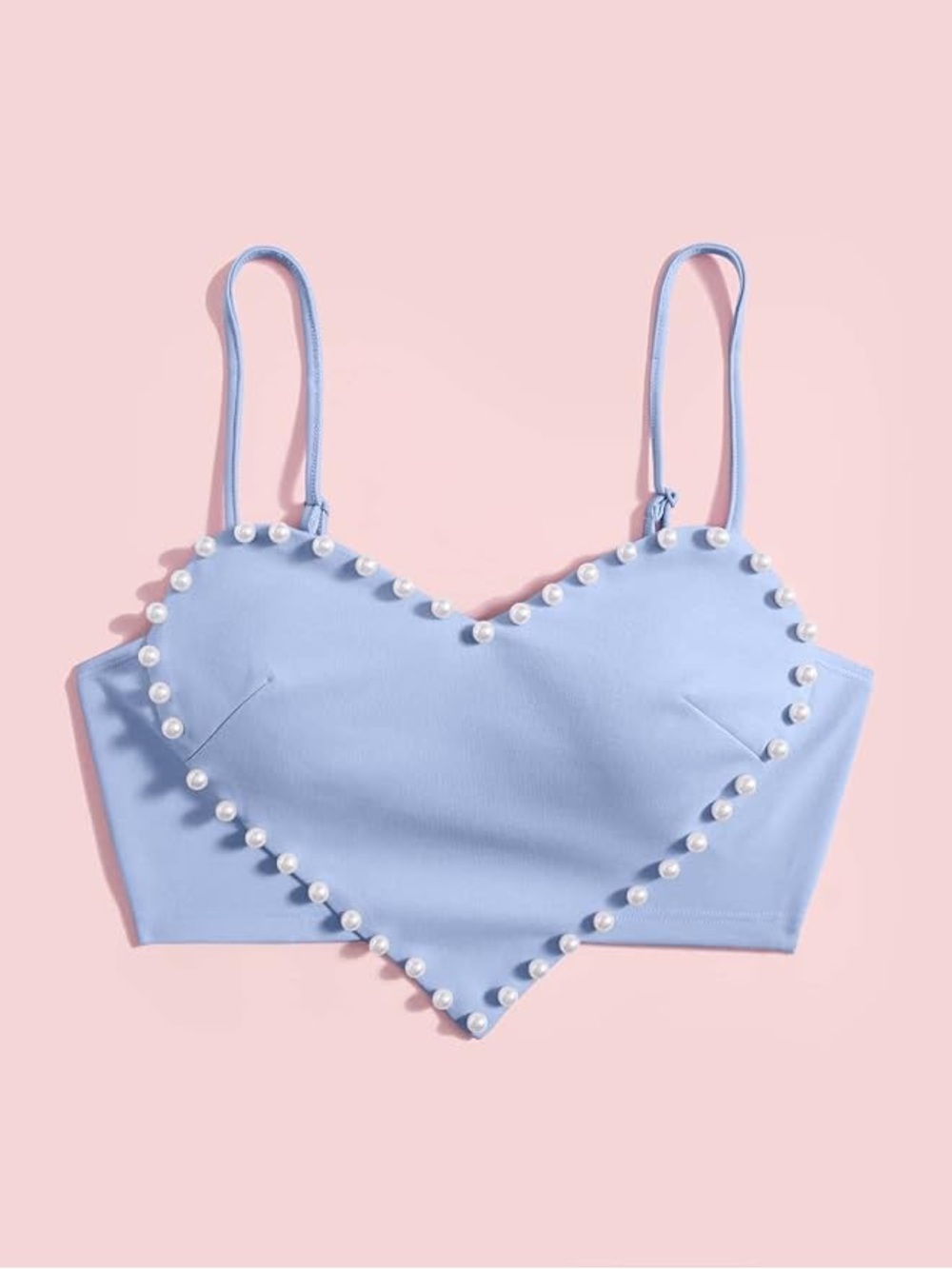 Light Blue Heart-Front Pearl Trim Cami Crop Top